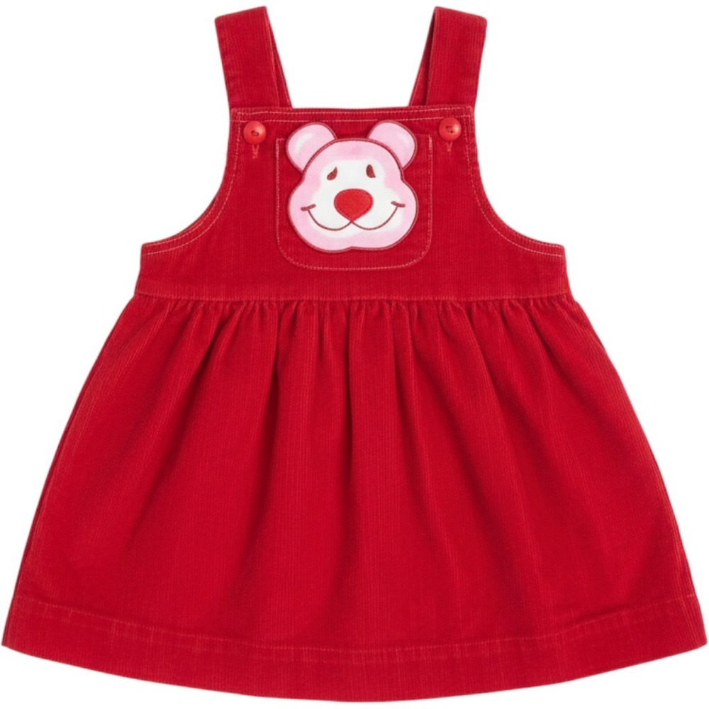 Vintage 70s rare Ruth Scharf Red Corduroy Teddy Bear Pinafore jumper Dress 3T
